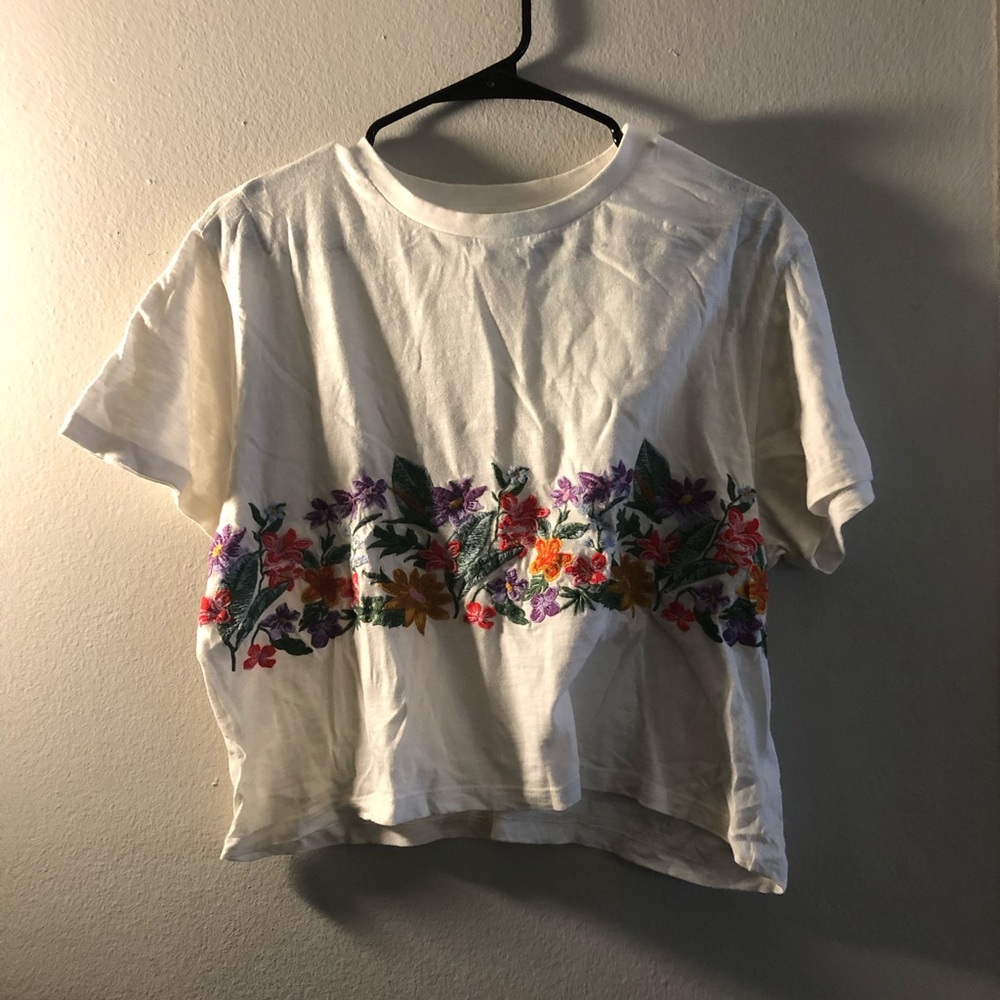 Forever 21 white and floral embroidered crop top